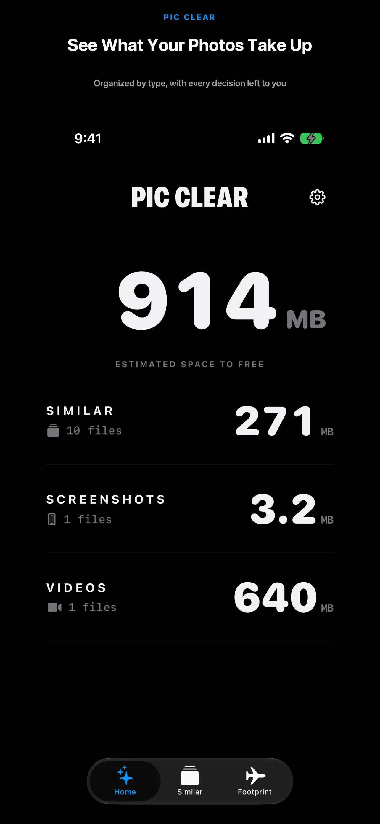 Home screen with estimated space to free