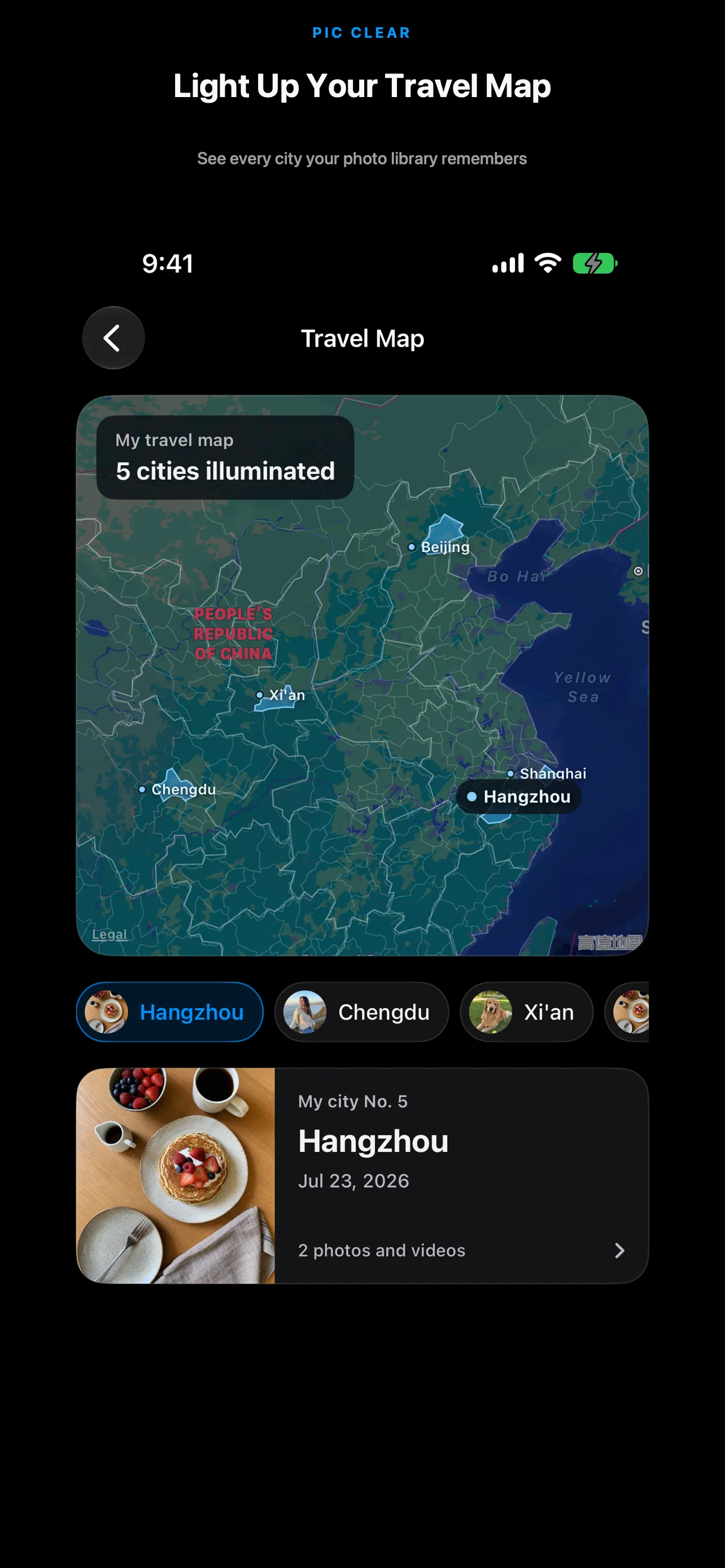 A map highlighting visited cities